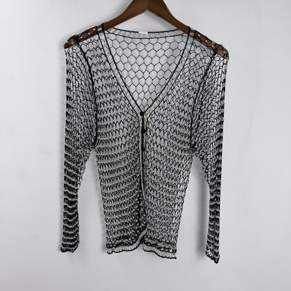 VTG Y2K Black Beaded Mesh Crochet Cardigan Sheer Boho Whimsigoth Festival